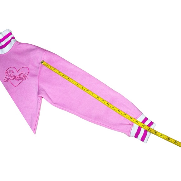 Barbie Cozy Fleece Lined Zip Up Varsity Sweater w Pink Stripe sz small - Picture 5 of 6